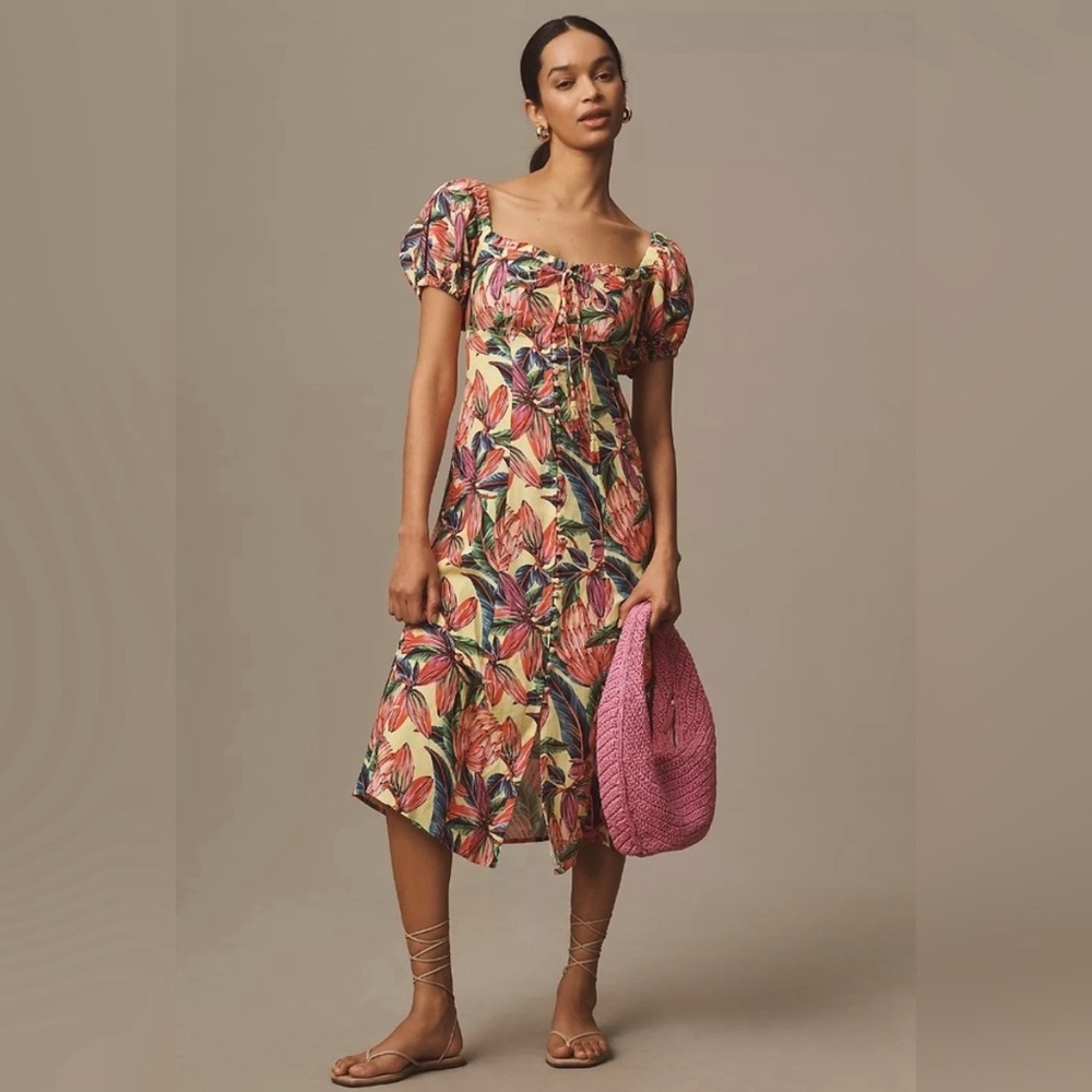 NWT Farm Rio x Anthropologie Puff-Sleeve Sweetheart Linen Midi Dress Medium